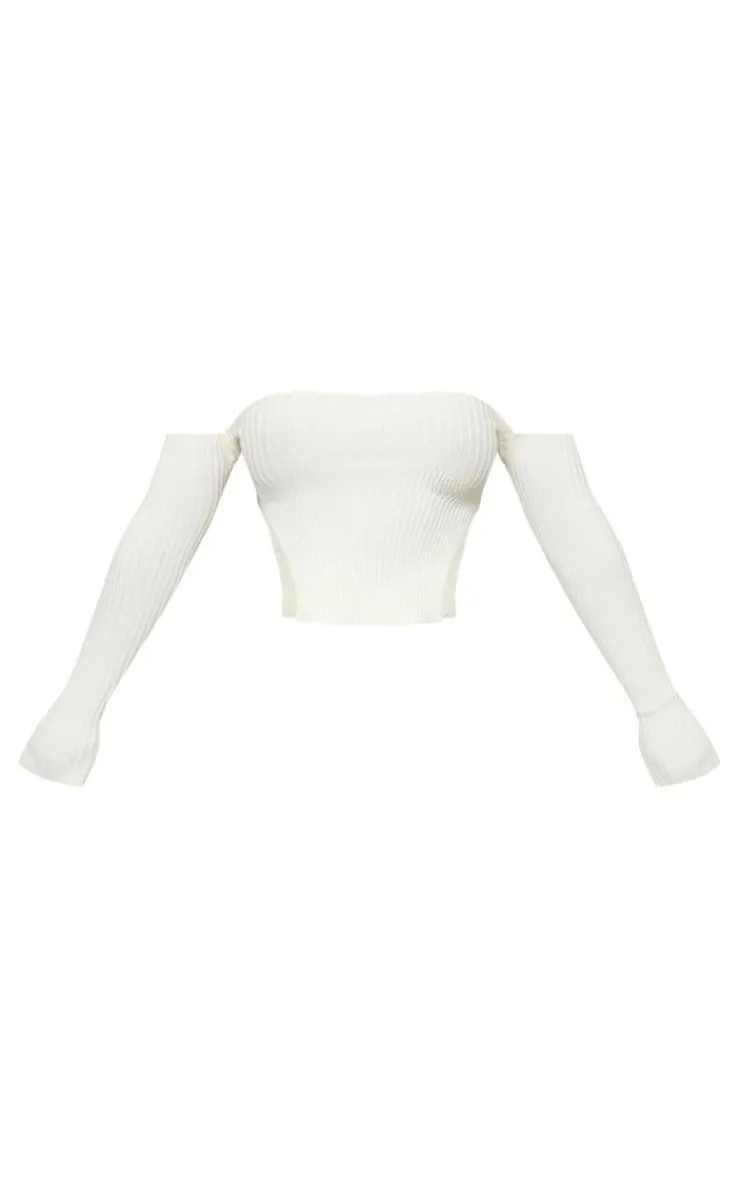 Best PrettyLittleThing Shape Knit Bardot Split Side Top Cream