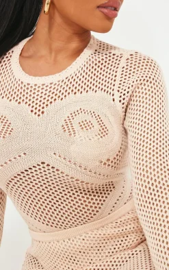 PrettyLittleThing Shape Knit Body Print Bodysuit Cream
