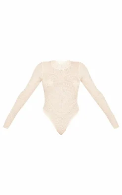 PrettyLittleThing Shape Knit Body Print Bodysuit Cream