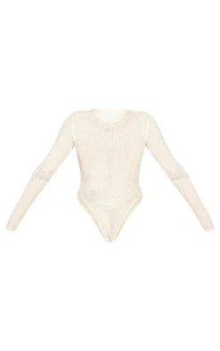PrettyLittleThing Shape Knit Body Print Bodysuit Cream