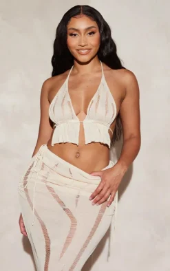New PrettyLittleThing Shape Knit Ladder Detailed Halterneck Bralet Cream