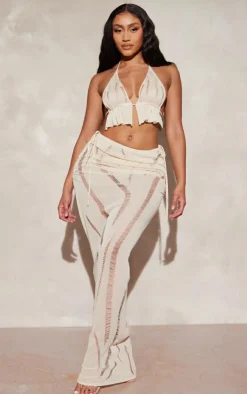 Sale PrettyLittleThing Shape Knit Ladder Detailed Low Rise Ruched Side Maxi Skirt Cream