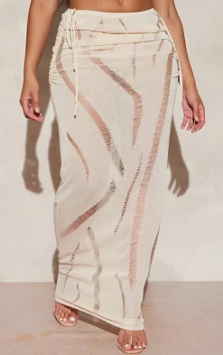 Sale PrettyLittleThing Shape Knit Ladder Detailed Low Rise Ruched Side Maxi Skirt Cream