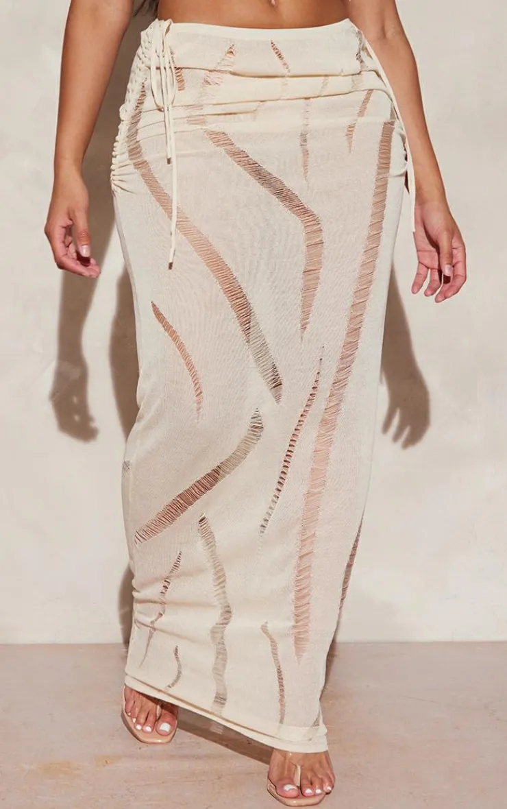 Sale PrettyLittleThing Shape Knit Ladder Detailed Low Rise Ruched Side Maxi Skirt Cream