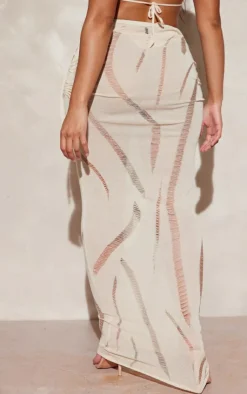 Sale PrettyLittleThing Shape Knit Ladder Detailed Low Rise Ruched Side Maxi Skirt Cream