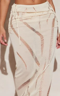 Sale PrettyLittleThing Shape Knit Ladder Detailed Low Rise Ruched Side Maxi Skirt Cream