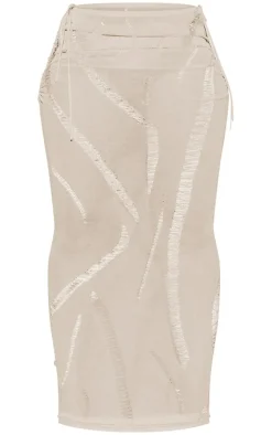 Sale PrettyLittleThing Shape Knit Ladder Detailed Low Rise Ruched Side Maxi Skirt Cream