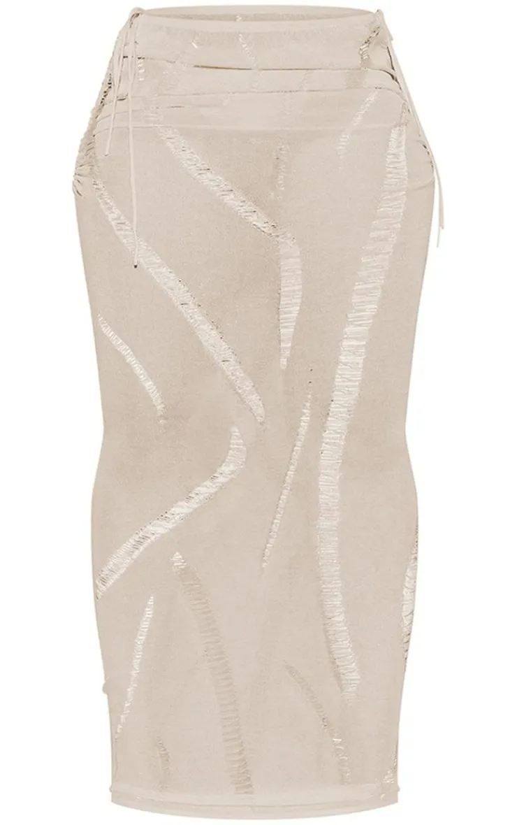 Sale PrettyLittleThing Shape Knit Ladder Detailed Low Rise Ruched Side Maxi Skirt Cream