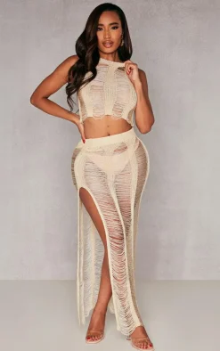 Discount PrettyLittleThing Shape Knit Ladder Racer Neck Crop Top Cream