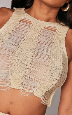Discount PrettyLittleThing Shape Knit Ladder Racer Neck Crop Top Cream