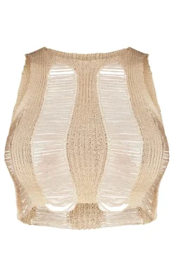 Discount PrettyLittleThing Shape Knit Ladder Racer Neck Crop Top Cream