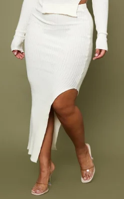 Best PrettyLittleThing Shape Knit Split Side Midaxi Skirt Cream