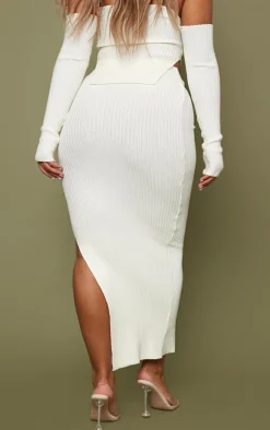 Best PrettyLittleThing Shape Knit Split Side Midaxi Skirt Cream