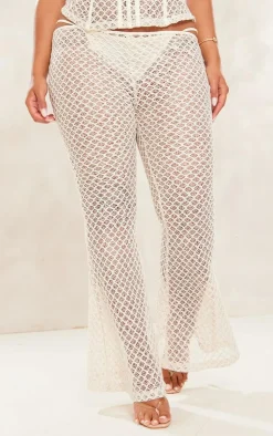 Discount PrettyLittleThing Shape Lace Cut Out Waist Flared Pants Cream