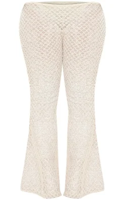 Discount PrettyLittleThing Shape Lace Cut Out Waist Flared Pants Cream