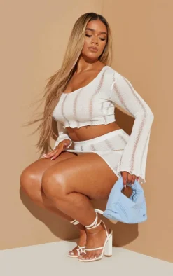 Hot PrettyLittleThing Shape Ladder Detail Knit Flare Sleeve Crop Top Cream
