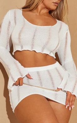 Hot PrettyLittleThing Shape Ladder Detail Knit Flare Sleeve Crop Top Cream