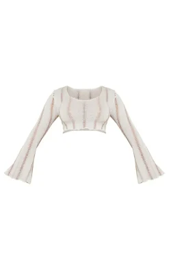 Hot PrettyLittleThing Shape Ladder Detail Knit Flare Sleeve Crop Top Cream