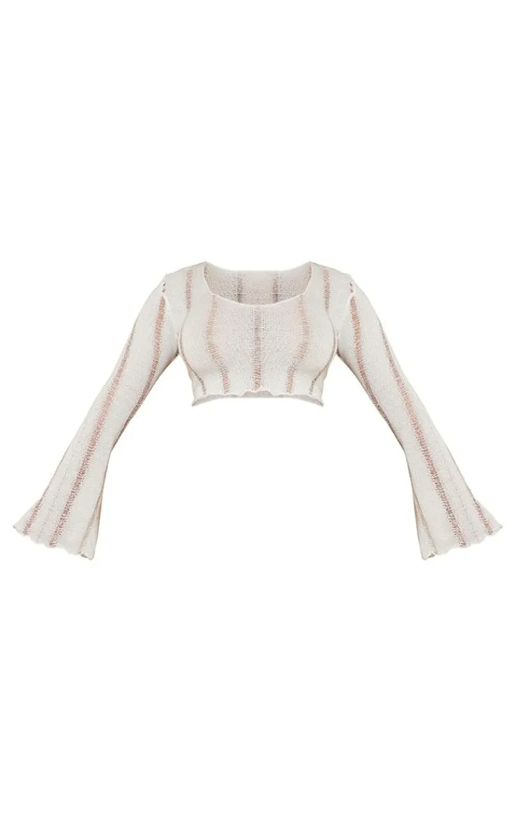 Hot PrettyLittleThing Shape Ladder Detail Knit Flare Sleeve Crop Top Cream