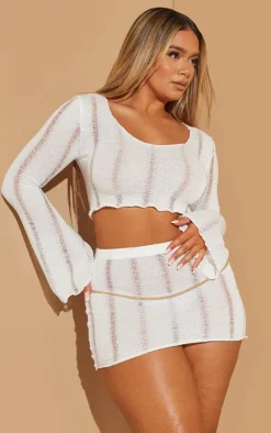 Clearance PrettyLittleThing Shape Ladder Knit Micro Mini Skirt Cream