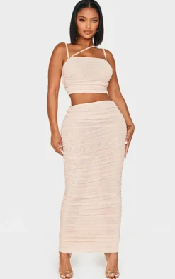 Discount PrettyLittleThing Shape Mesh Low Rise Ruched Maxi Skirt Cream