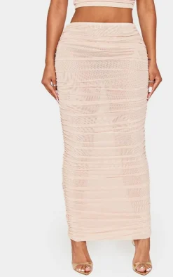 Discount PrettyLittleThing Shape Mesh Low Rise Ruched Maxi Skirt Cream