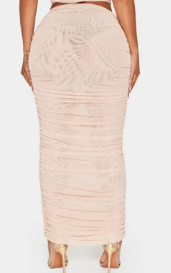 Discount PrettyLittleThing Shape Mesh Low Rise Ruched Maxi Skirt Cream