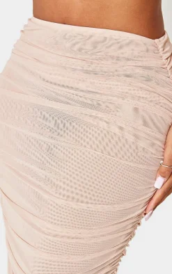Discount PrettyLittleThing Shape Mesh Low Rise Ruched Maxi Skirt Cream