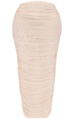 Discount PrettyLittleThing Shape Mesh Low Rise Ruched Maxi Skirt Cream
