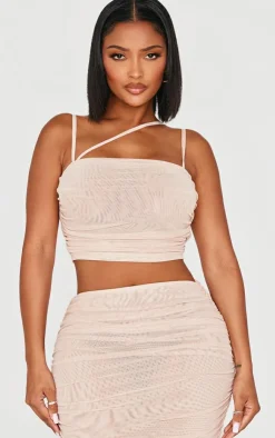 Discount PrettyLittleThing Shape Mesh Strappy Ruched Crop Top Cream