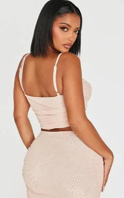 Discount PrettyLittleThing Shape Mesh Strappy Ruched Crop Top Cream
