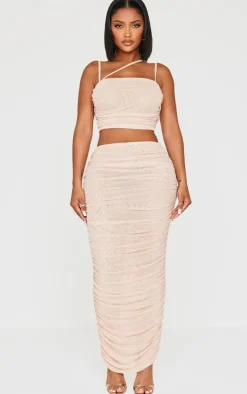 Discount PrettyLittleThing Shape Mesh Strappy Ruched Crop Top Cream