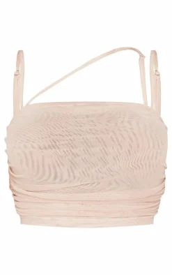 Discount PrettyLittleThing Shape Mesh Strappy Ruched Crop Top Cream