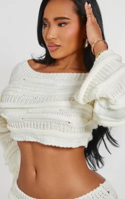 Sale PrettyLittleThing Shape Off Shoulder Knitted Sweater Cream