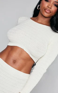 Sale PrettyLittleThing Shape Panelled Knit Crop Sweater Cream