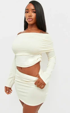 Clearance PrettyLittleThing Shape Soft Knit Extreme Foldover Long Sleeve Ruched Side Top Cream