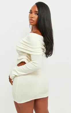Clearance PrettyLittleThing Shape Soft Knit Extreme Foldover Long Sleeve Ruched Side Top Cream