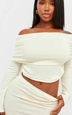 Clearance PrettyLittleThing Shape Soft Knit Extreme Foldover Long Sleeve Ruched Side Top Cream