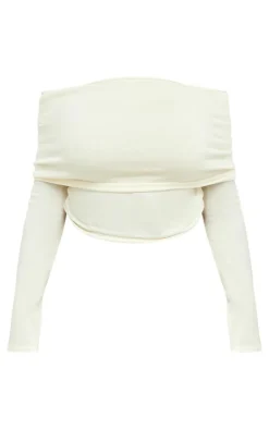 Clearance PrettyLittleThing Shape Soft Knit Extreme Foldover Long Sleeve Ruched Side Top Cream