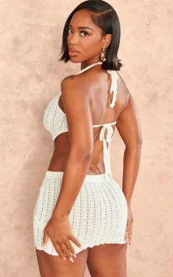 Hot PrettyLittleThing Shape Textured Halterneck Backless Top Cream