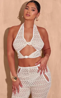 New PrettyLittleThing Shape Textured Halterneck Cut Out Top Cream