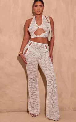 New PrettyLittleThing Shape Textured Halterneck Cut Out Top Cream