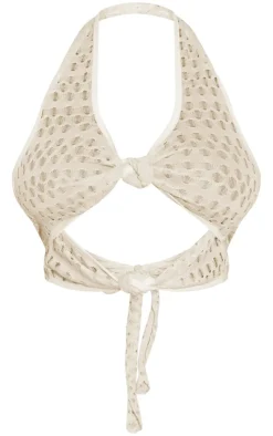 New PrettyLittleThing Shape Textured Halterneck Cut Out Top Cream