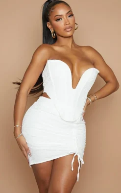Outlet PrettyLittleThing Shape Textured Ruched Side Bodycon Skirt Cream