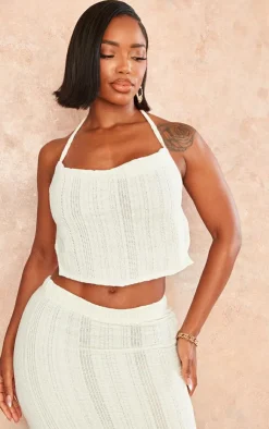 Clearance PrettyLittleThing Shape Textured Sheer Halterneck Strappy Top Cream