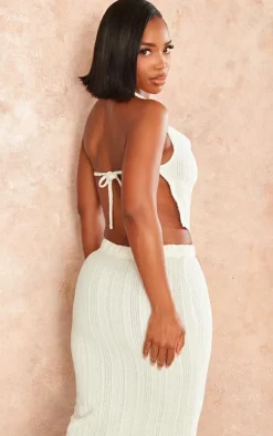Clearance PrettyLittleThing Shape Textured Sheer Halterneck Strappy Top Cream