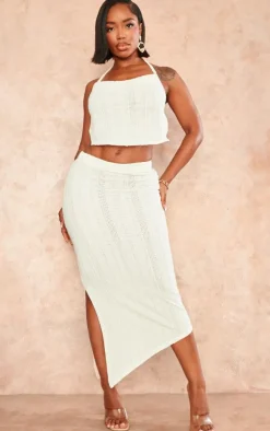 Clearance PrettyLittleThing Shape Textured Sheer Halterneck Strappy Top Cream