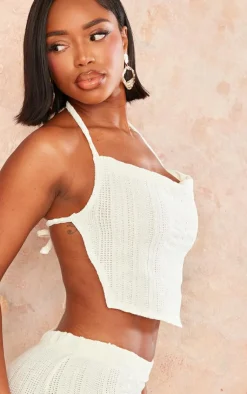 Clearance PrettyLittleThing Shape Textured Sheer Halterneck Strappy Top Cream