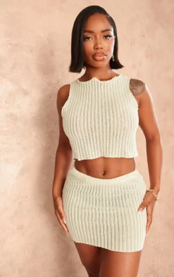 Online PrettyLittleThing Shape Textured Sheer Sleeveless Crop Top Cream