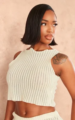 Online PrettyLittleThing Shape Textured Sheer Sleeveless Crop Top Cream